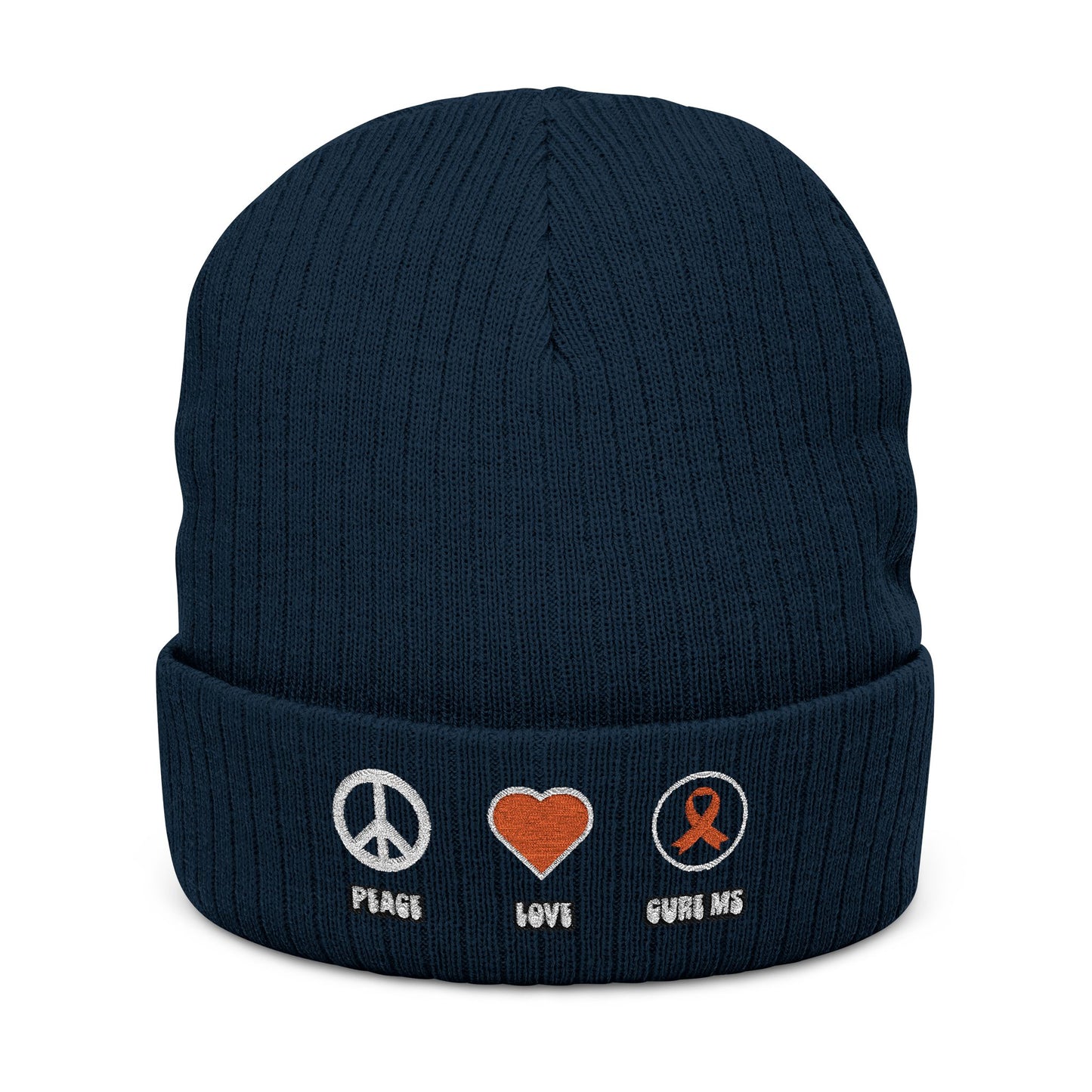 Peace Love Cure MS Embroidered Ribbed Knit Beanie - Love, Peace, Heart Design