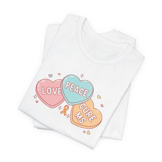 MS Awareness T-Shirt - Peace Love Cure MS Conversation Hearts - Multiple Sclerosis Warrior Gift - Pastel Retro Orange Ribbon Tee