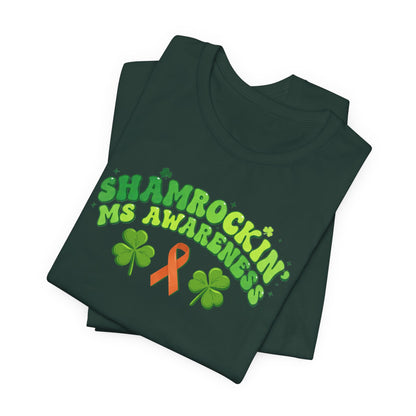 Shamrockin' MS Awareness T-Shirt - Groovy St. Patrick’s Day Multiple Sclerosis Warrior Shirt - Retro Spoonie Orange Ribbon Tee - Lucky Shamrock Awareness Gift
