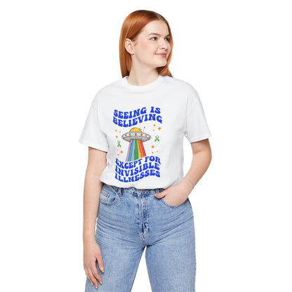 Invisible Illness Awareness Shirt – Retro Rainbow UFO Graphic Tee Charity Shirt, Unisex, Gift for Supporters, Fundraising Apparel