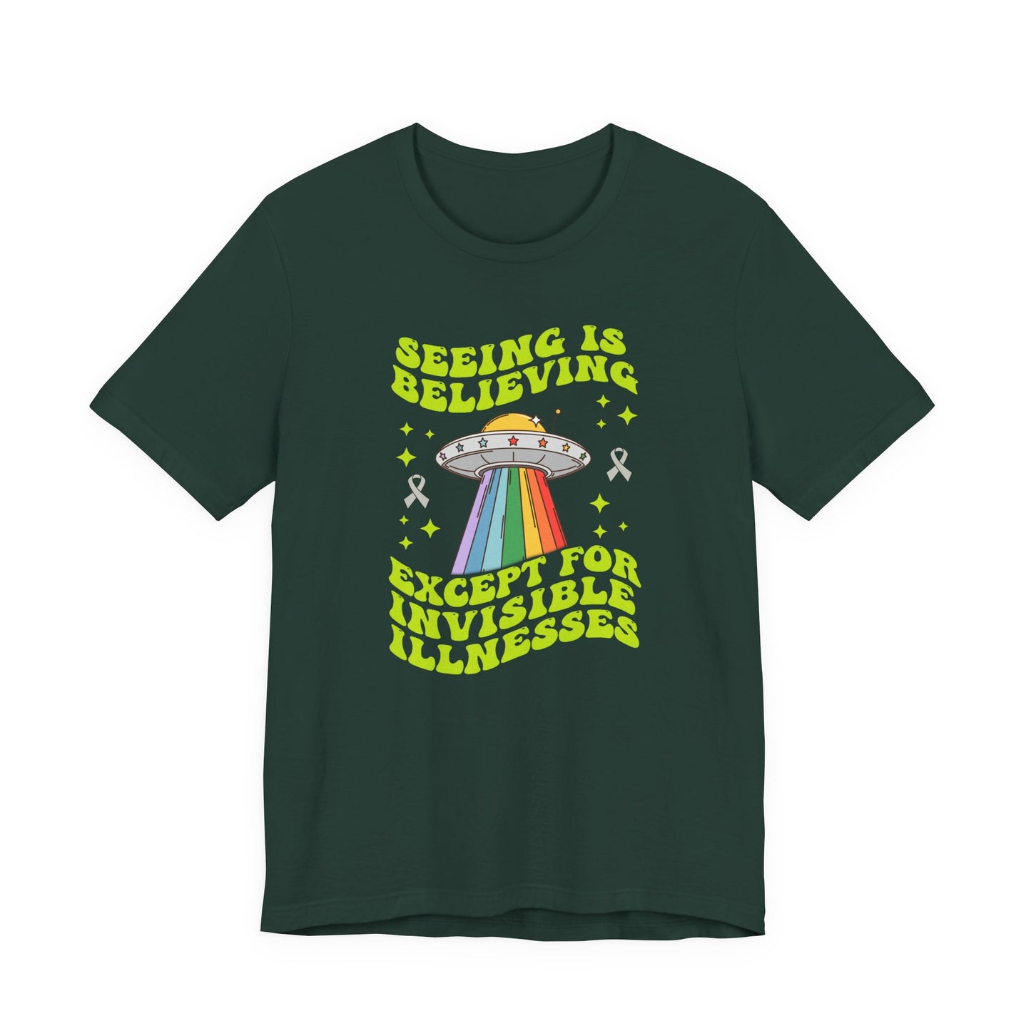 Invisible Illness Awareness Shirt – Retro Rainbow UFO Graphic Tee Charity Shirt, Unisex, Gift for Supporters, Fundraising Apparel
