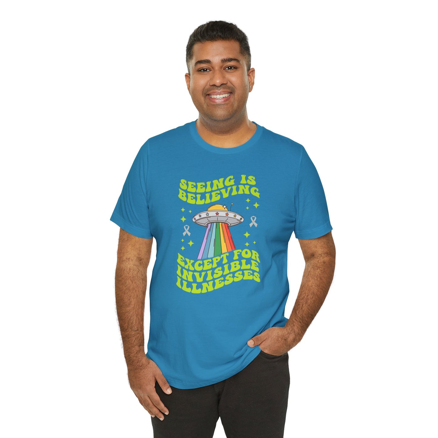 Invisible Illness Awareness Shirt – Retro Rainbow UFO Graphic Tee Charity Shirt, Unisex, Gift for Supporters, Fundraising Apparel