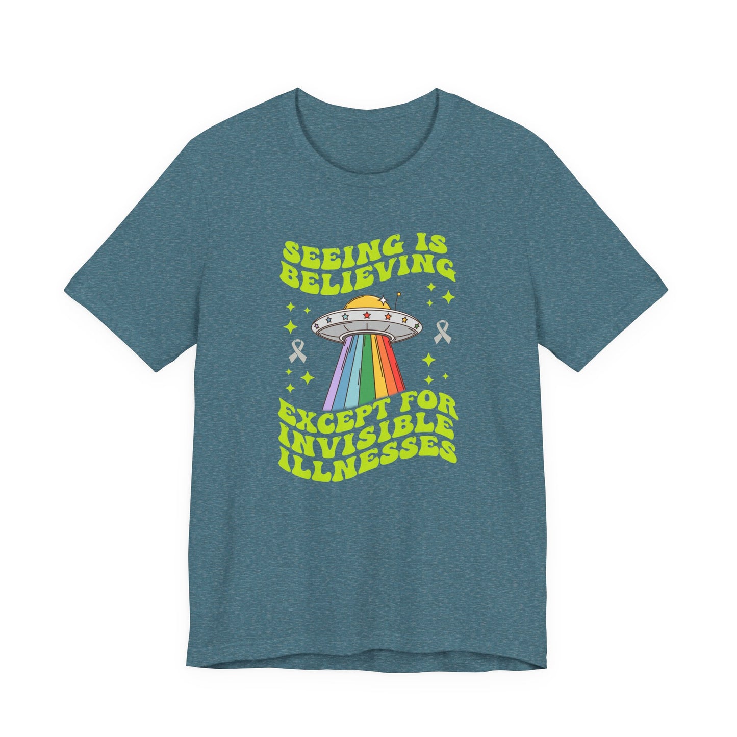 Invisible Illness Awareness Shirt – Retro Rainbow UFO Graphic Tee Charity Shirt, Unisex, Gift for Supporters, Fundraising Apparel