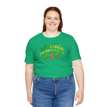 Shamrockin' MS Awareness T-Shirt - Groovy St. Patrick’s Day Multiple Sclerosis Warrior Shirt - Retro Spoonie Orange Ribbon Tee - Lucky Shamrock Awareness Gift
