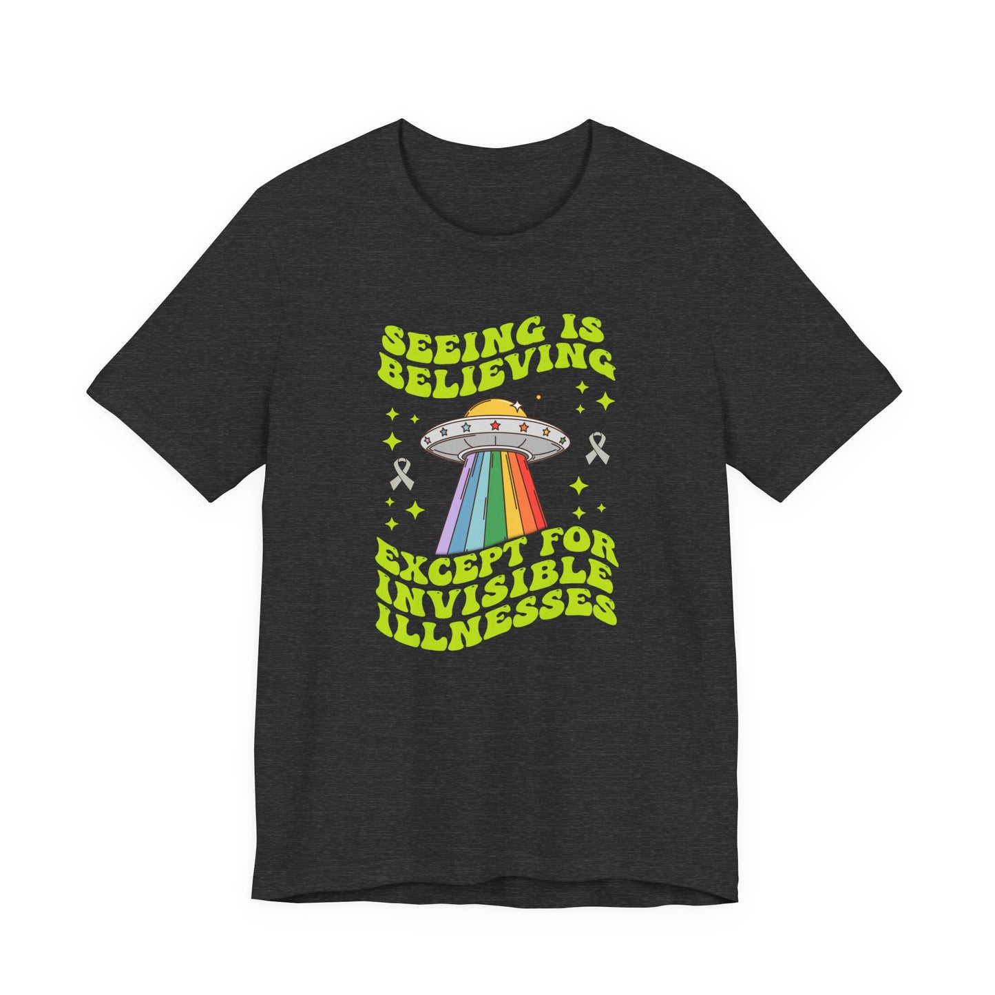 Invisible Illness Awareness Shirt – Retro Rainbow UFO Graphic Tee Charity Shirt, Unisex, Gift for Supporters, Fundraising Apparel