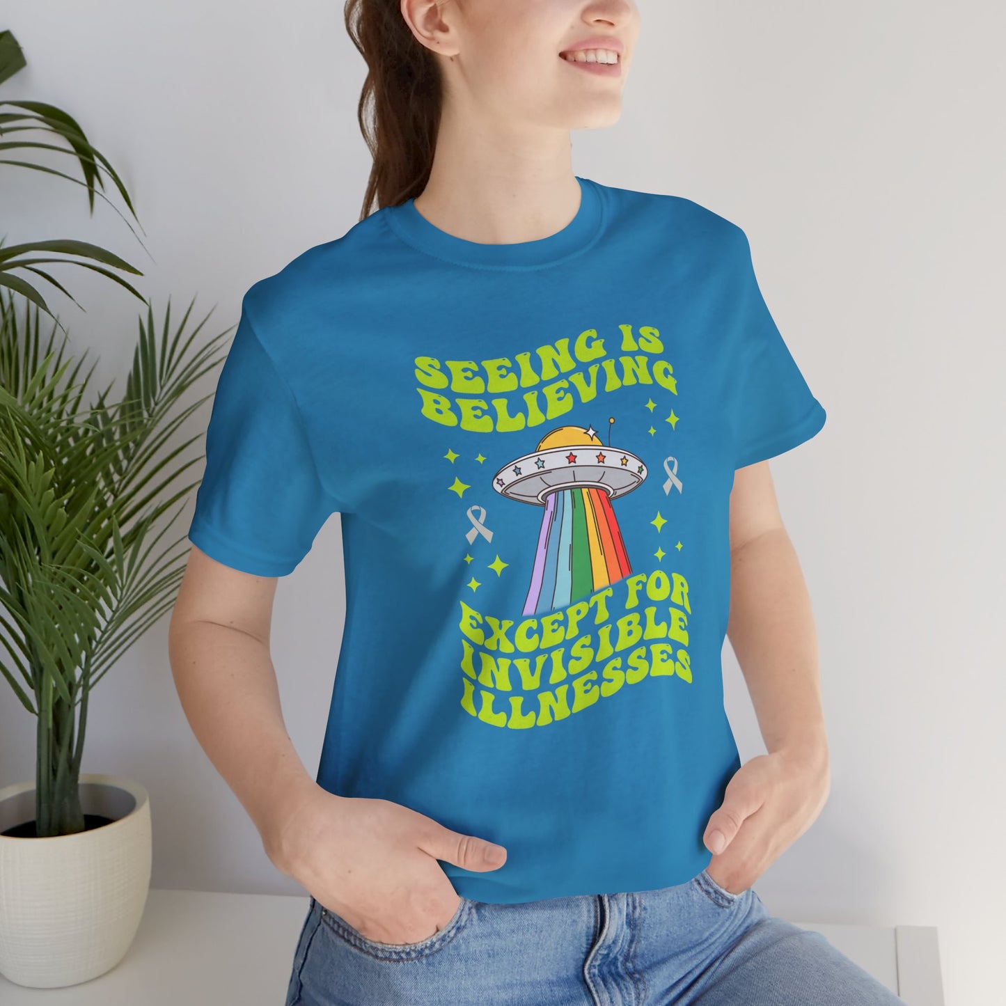 Invisible Illness Awareness Shirt – Retro Rainbow UFO Graphic Tee Charity Shirt, Unisex, Gift for Supporters, Fundraising Apparel