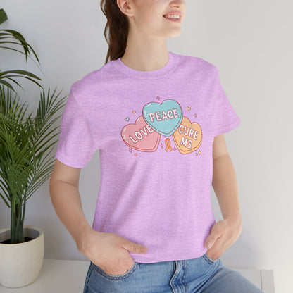 MS Awareness T-Shirt - Peace Love Cure MS Conversation Hearts - Multiple Sclerosis Warrior Gift - Pastel Retro Orange Ribbon Tee