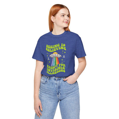 Invisible Illness Awareness Shirt – Retro Rainbow UFO Graphic Tee Charity Shirt, Unisex, Gift for Supporters, Fundraising Apparel