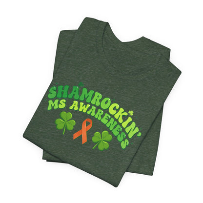 Shamrockin' MS Awareness T-Shirt - Groovy St. Patrick’s Day Multiple Sclerosis Warrior Shirt - Retro Spoonie Orange Ribbon Tee - Lucky Shamrock Awareness Gift