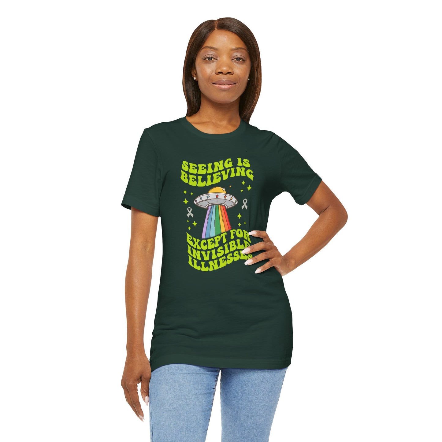 Invisible Illness Awareness Shirt – Retro Rainbow UFO Graphic Tee Charity Shirt, Unisex, Gift for Supporters, Fundraising Apparel