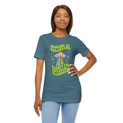 Invisible Illness Awareness Shirt – Retro Rainbow UFO Graphic Tee Charity Shirt, Unisex, Gift for Supporters, Fundraising Apparel