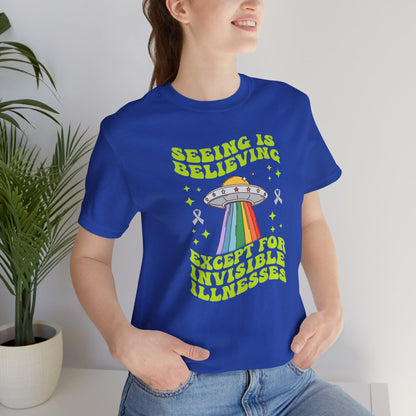 Invisible Illness Awareness Shirt – Retro Rainbow UFO Graphic Tee Charity Shirt, Unisex, Gift for Supporters, Fundraising Apparel