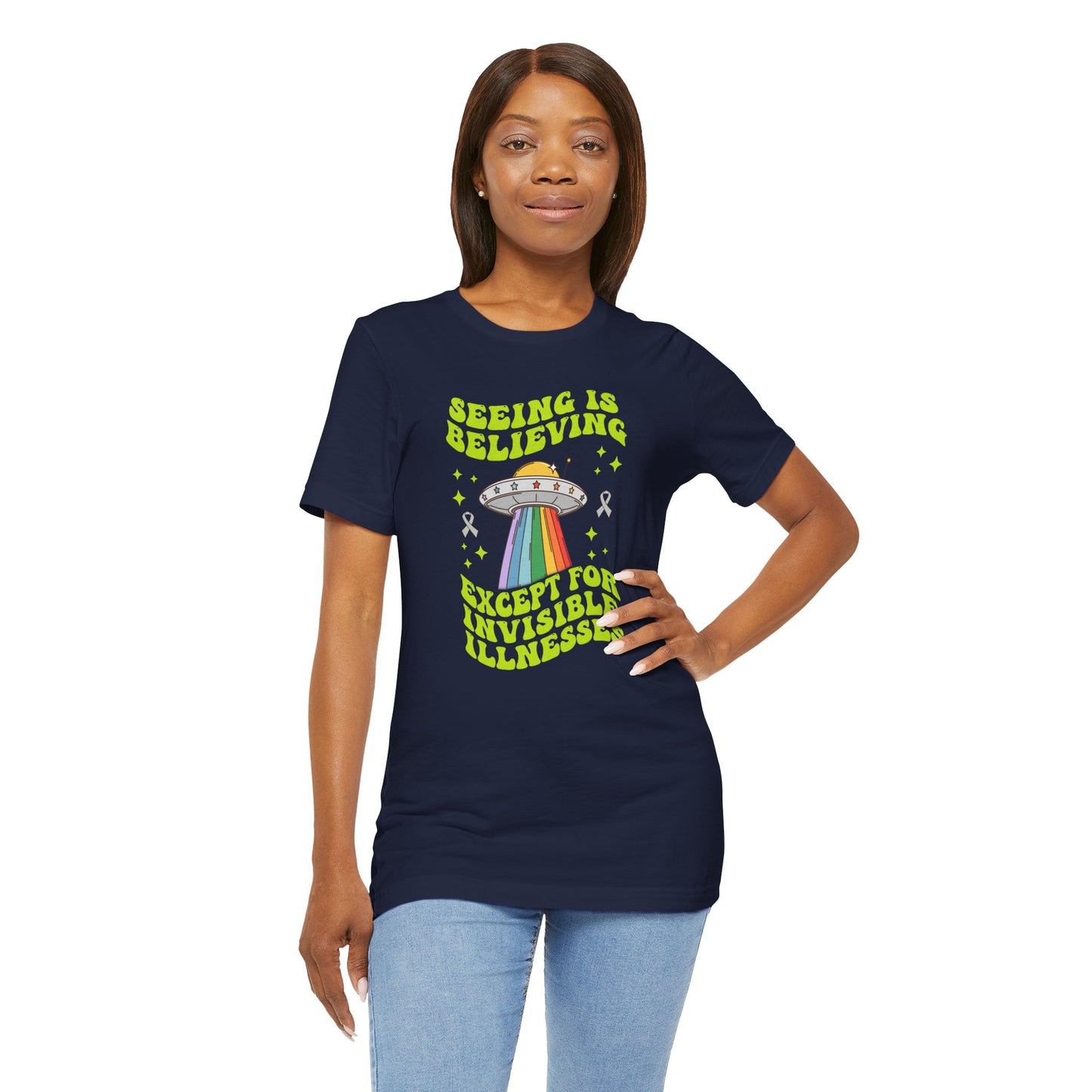 Invisible Illness Awareness Shirt – Retro Rainbow UFO Graphic Tee Charity Shirt, Unisex, Gift for Supporters, Fundraising Apparel