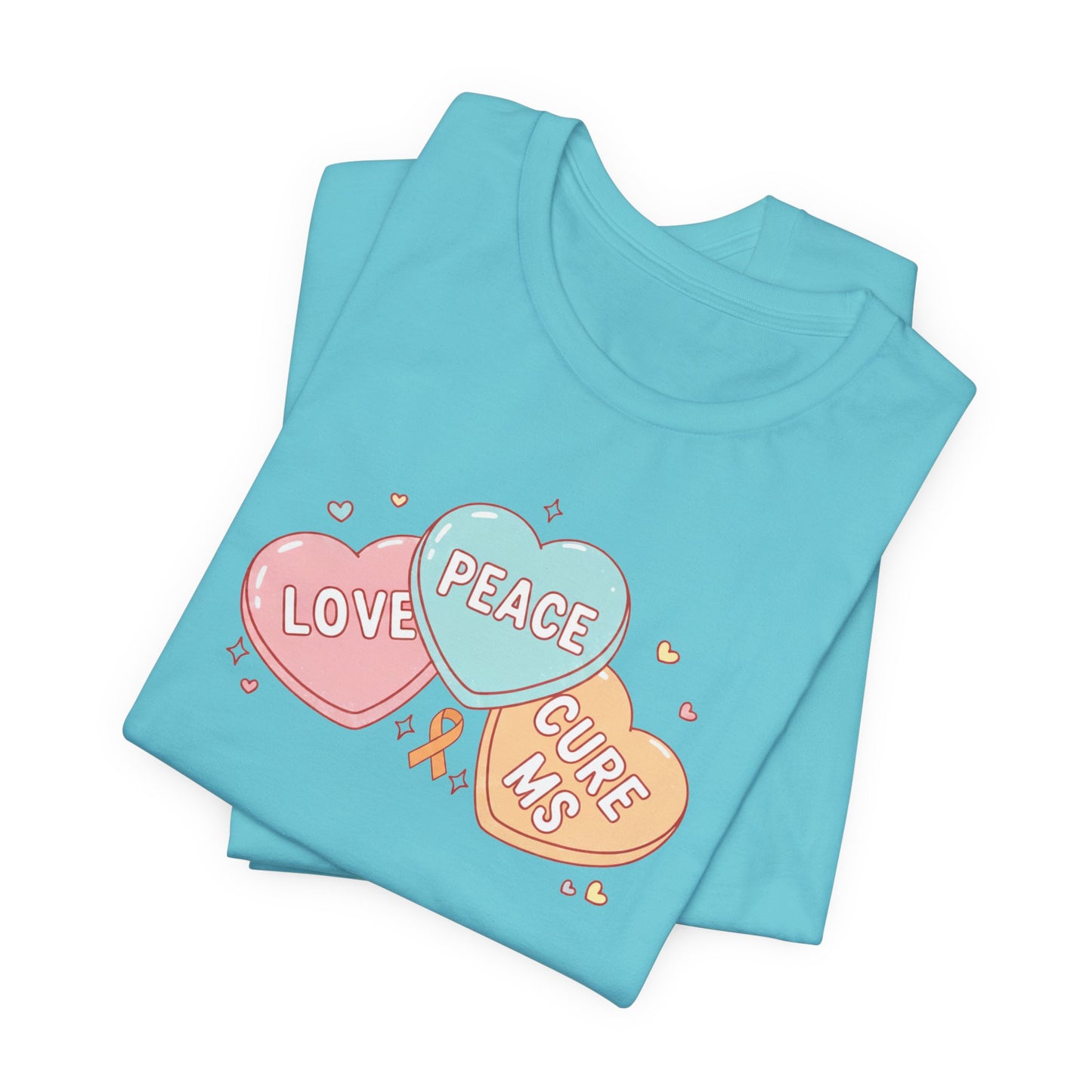 MS Awareness T-Shirt - Peace Love Cure MS Conversation Hearts - Multiple Sclerosis Warrior Gift - Pastel Retro Orange Ribbon Tee