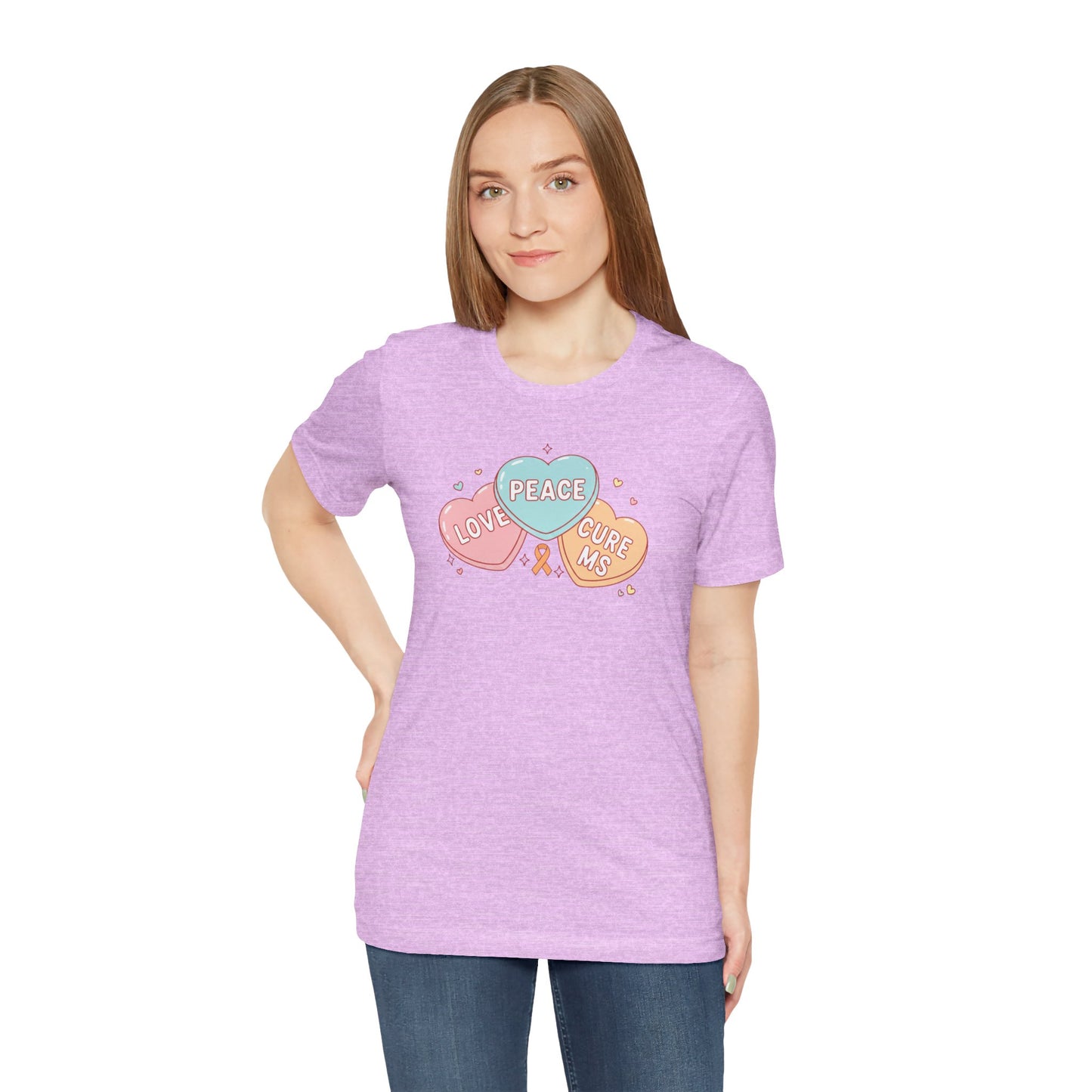 MS Awareness T-Shirt - Peace Love Cure MS Conversation Hearts - Multiple Sclerosis Warrior Gift - Pastel Retro Orange Ribbon Tee