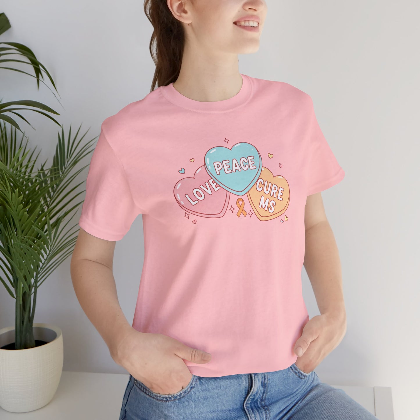 MS Awareness T-Shirt - Peace Love Cure MS Conversation Hearts - Multiple Sclerosis Warrior Gift - Pastel Retro Orange Ribbon Tee