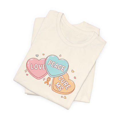 MS Awareness T-Shirt - Peace Love Cure MS Conversation Hearts - Multiple Sclerosis Warrior Gift - Pastel Retro Orange Ribbon Tee