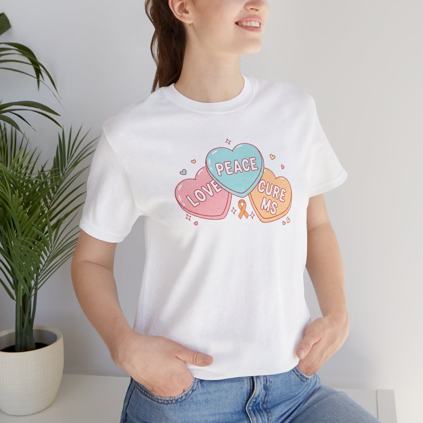 MS Awareness T-Shirt - Peace Love Cure MS Conversation Hearts - Multiple Sclerosis Warrior Gift - Pastel Retro Orange Ribbon Tee