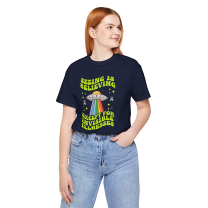 Invisible Illness Awareness Shirt – Retro Rainbow UFO Graphic Tee Charity Shirt, Unisex, Gift for Supporters, Fundraising Apparel