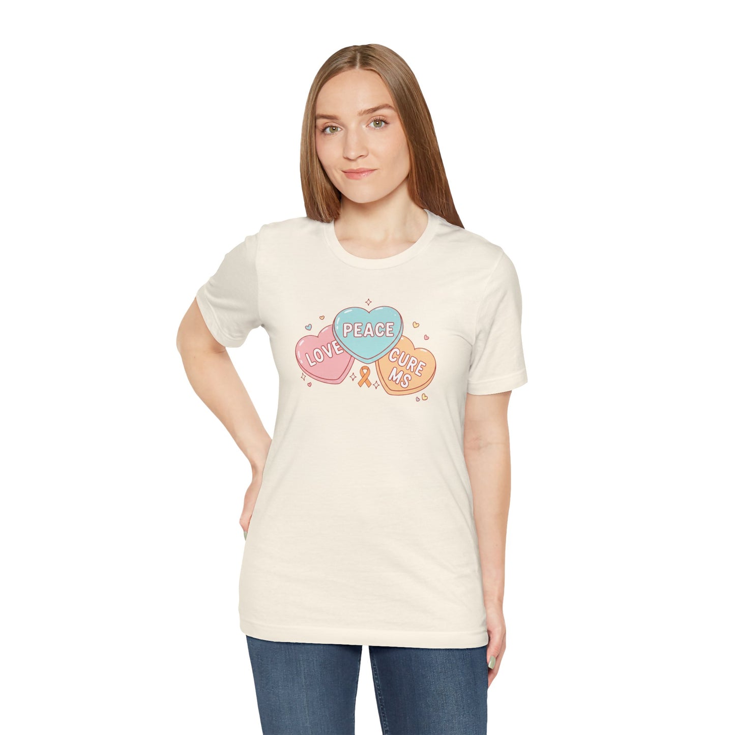 MS Awareness T-Shirt - Peace Love Cure MS Conversation Hearts - Multiple Sclerosis Warrior Gift - Pastel Retro Orange Ribbon Tee