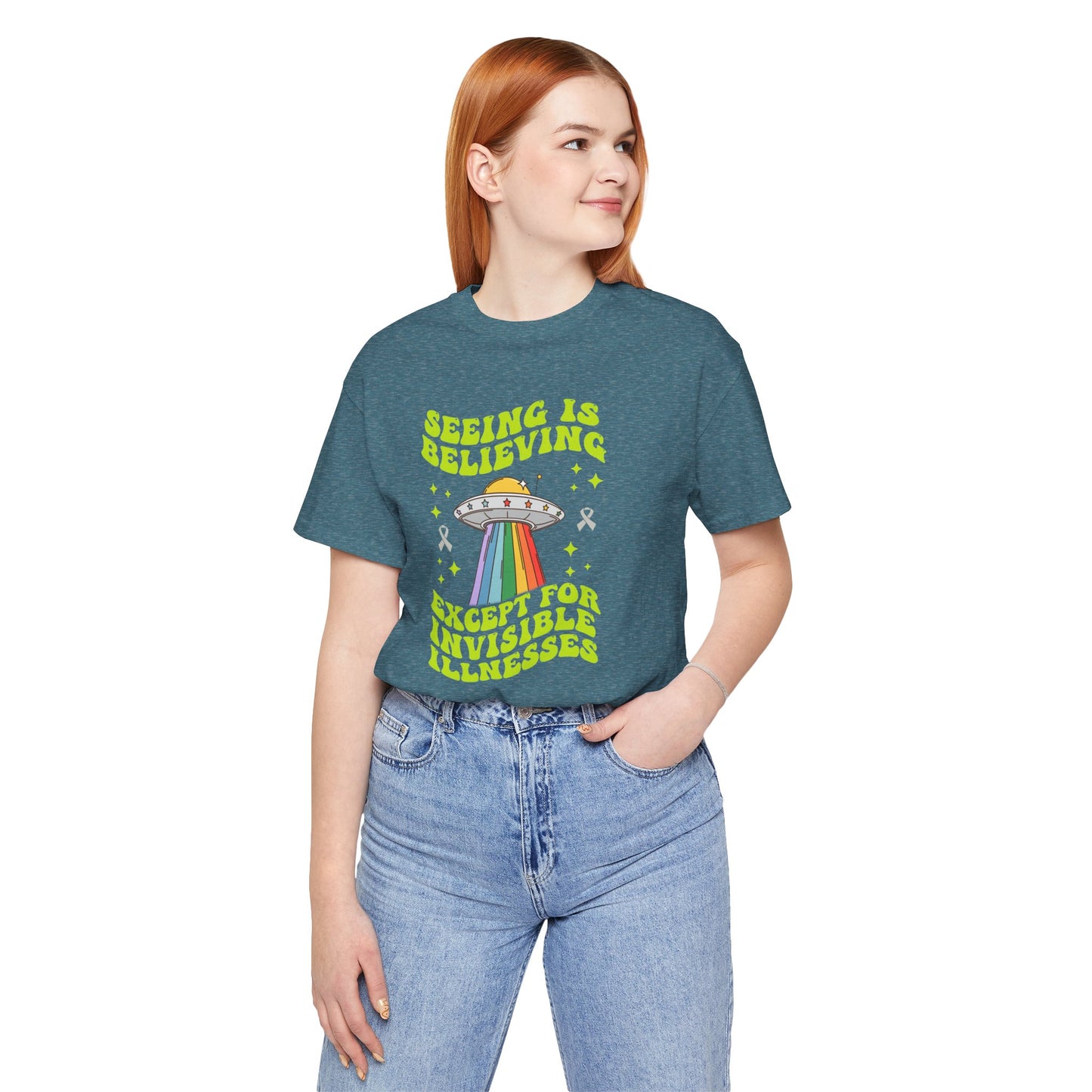 Invisible Illness Awareness Shirt – Retro Rainbow UFO Graphic Tee Charity Shirt, Unisex, Gift for Supporters, Fundraising Apparel