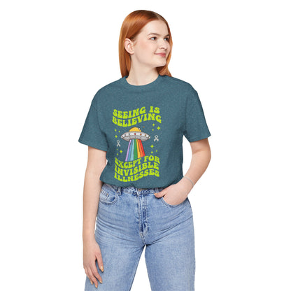 Invisible Illness Awareness Shirt – Retro Rainbow UFO Graphic Tee Charity Shirt, Unisex, Gift for Supporters, Fundraising Apparel