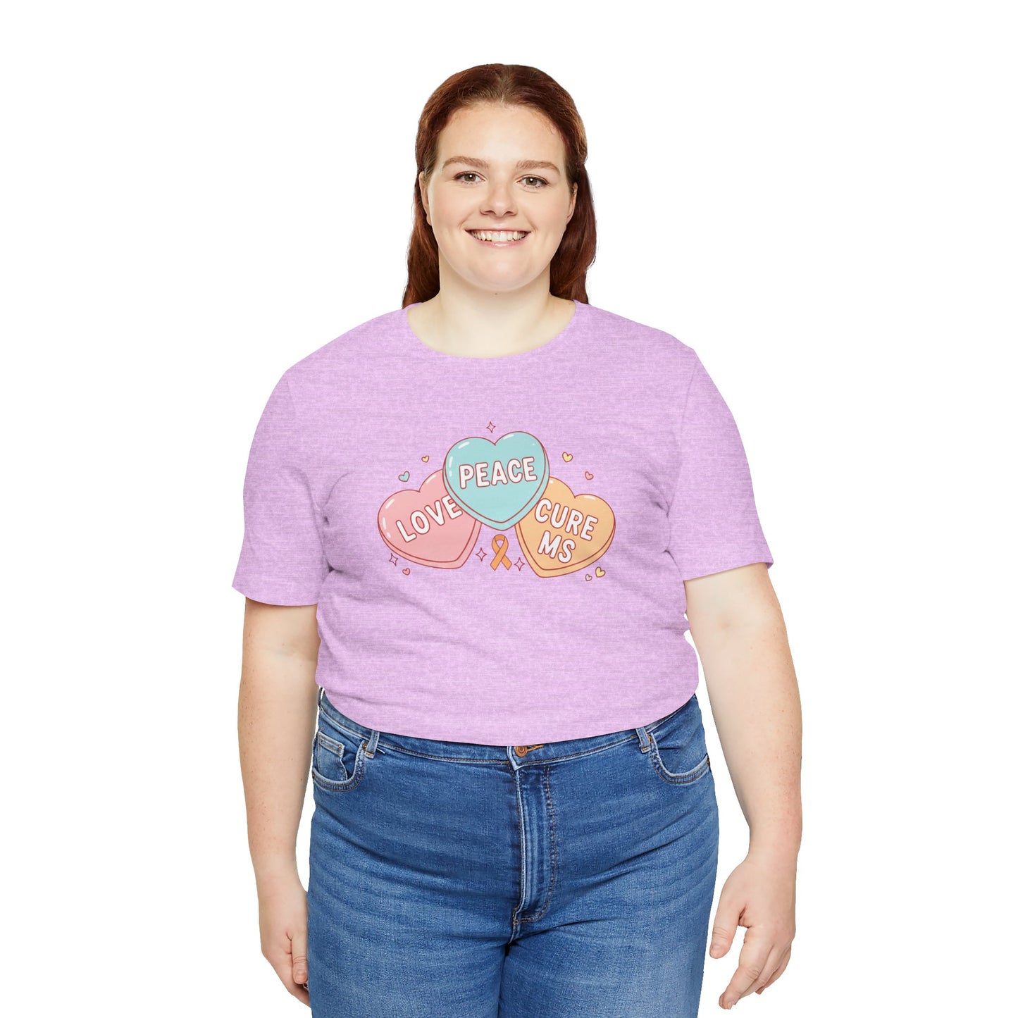 MS Awareness T-Shirt - Peace Love Cure MS Conversation Hearts - Multiple Sclerosis Warrior Gift - Pastel Retro Orange Ribbon Tee