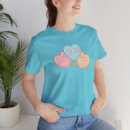 MS Awareness T-Shirt - Peace Love Cure MS Conversation Hearts - Multiple Sclerosis Warrior Gift - Pastel Retro Orange Ribbon Tee