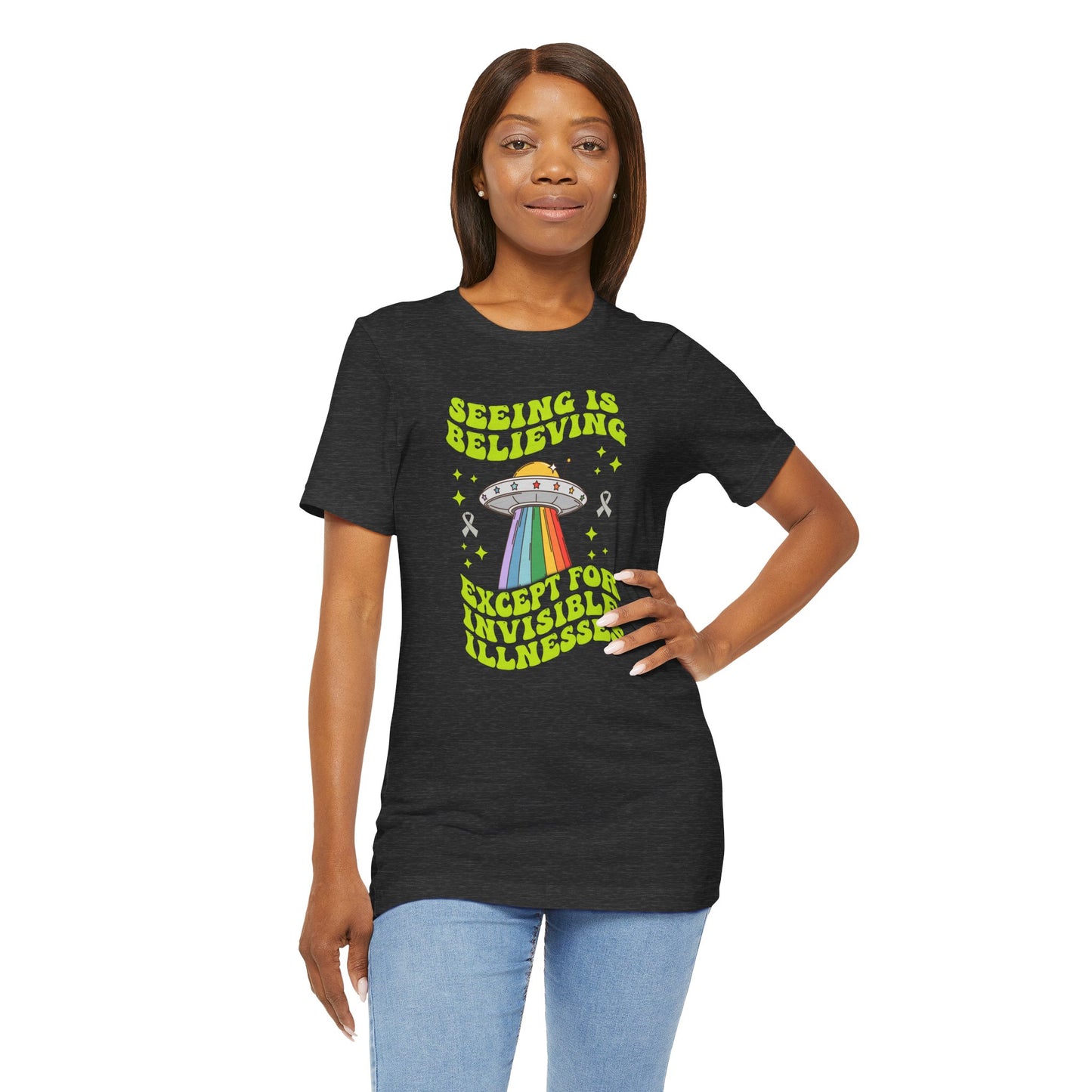 Invisible Illness Awareness Shirt – Retro Rainbow UFO Graphic Tee Charity Shirt, Unisex, Gift for Supporters, Fundraising Apparel