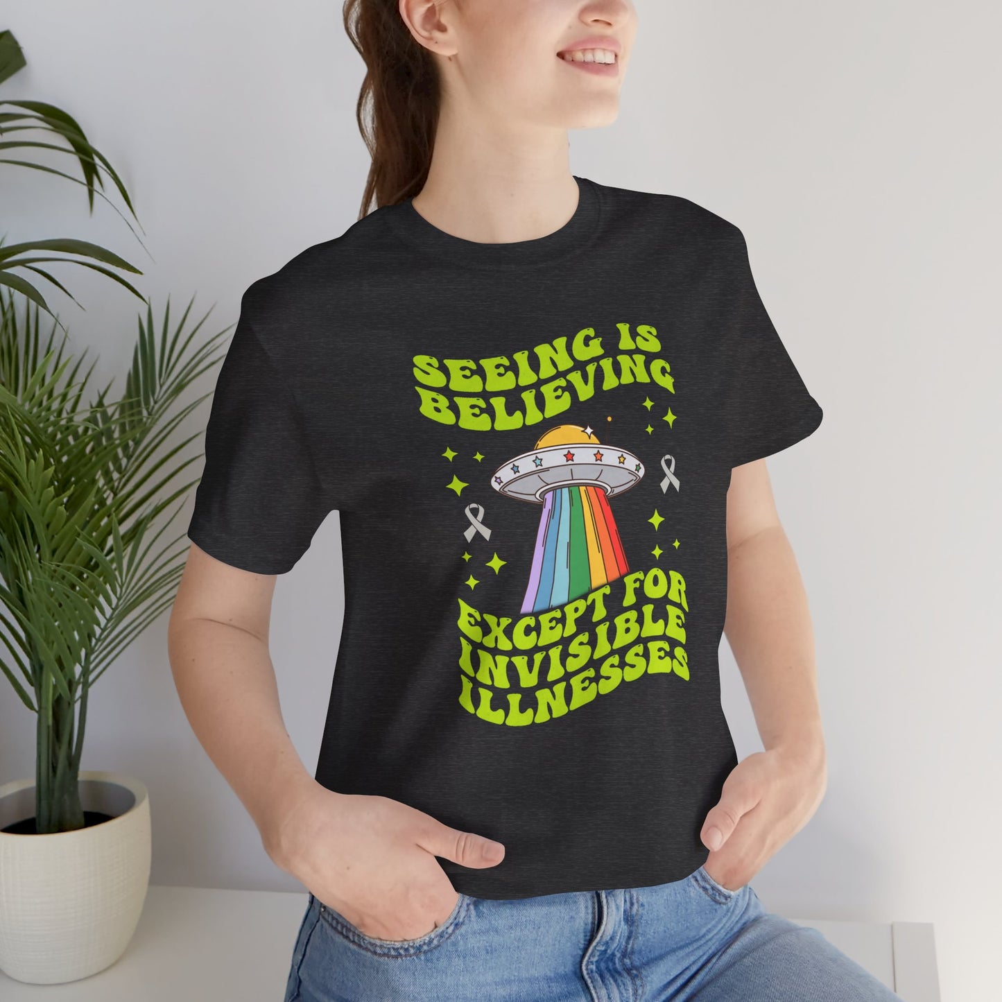 Invisible Illness Awareness Shirt – Retro Rainbow UFO Graphic Tee Charity Shirt, Unisex, Gift for Supporters, Fundraising Apparel