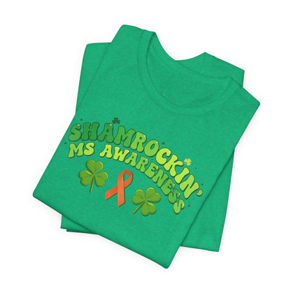 Shamrockin' MS Awareness T-Shirt - Groovy St. Patrick’s Day Multiple Sclerosis Warrior Shirt - Retro Spoonie Orange Ribbon Tee - Lucky Shamrock Awareness Gift