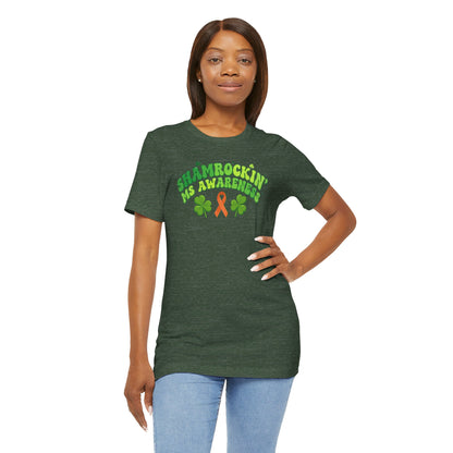 Shamrockin' MS Awareness T-Shirt - Groovy St. Patrick’s Day Multiple Sclerosis Warrior Shirt - Retro Spoonie Orange Ribbon Tee - Lucky Shamrock Awareness Gift
