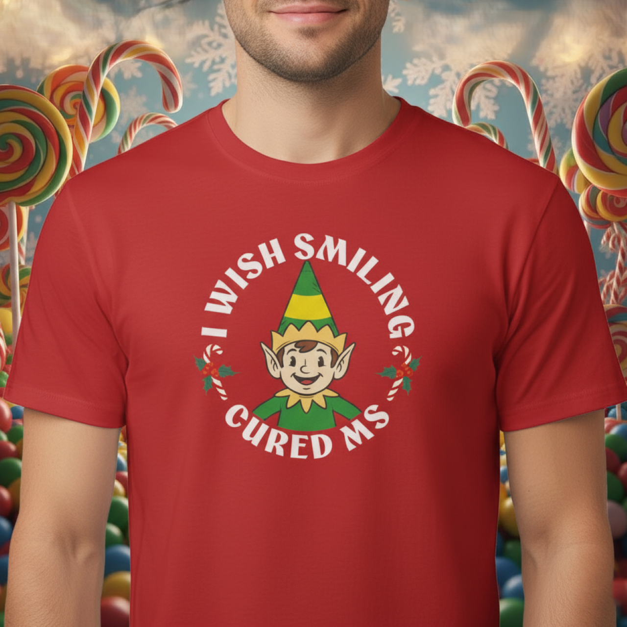 Elf Inspired MS Awareness T-Shirt | I Wish Smiling Cured MS Holiday Tee | Multiple Sclerosis Fundraiser Christmas Gift | Red Softstyle Shirt
