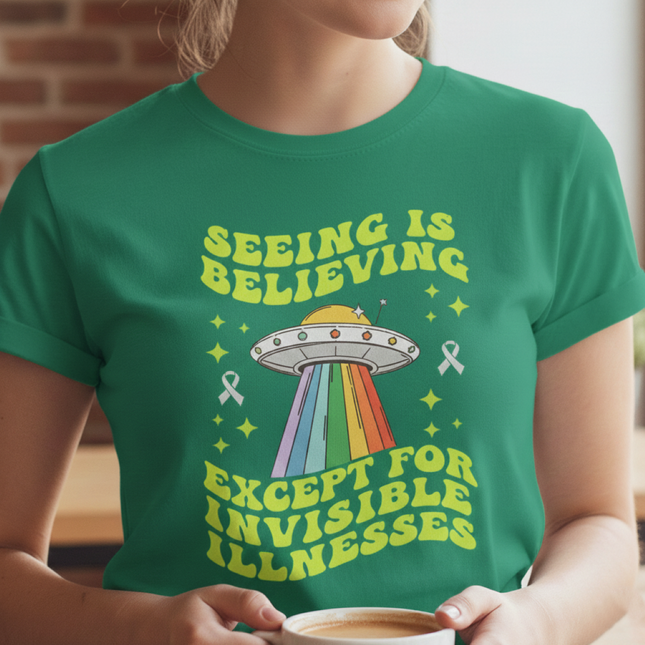 Invisible Illness Awareness Shirt – Retro Rainbow UFO Graphic Tee Charity Shirt, Unisex, Gift for Supporters, Fundraising Apparel