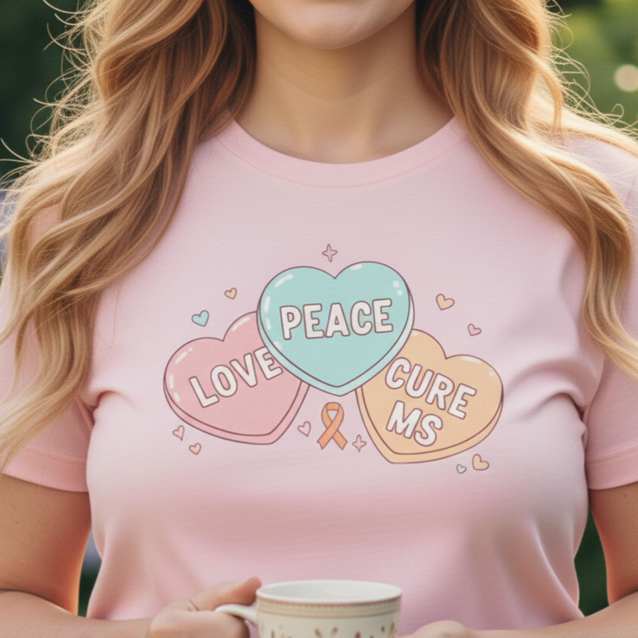 MS Awareness T-Shirt - Peace Love Cure MS Conversation Hearts - Multiple Sclerosis Warrior Gift - Pastel Retro Orange Ribbon Tee