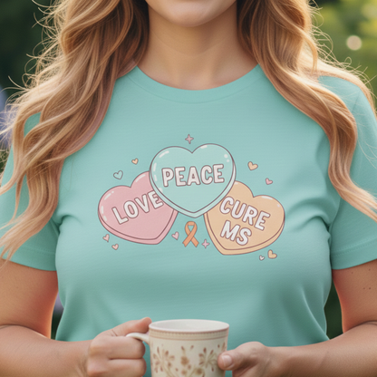 MS Awareness T-Shirt - Peace Love Cure MS Conversation Hearts - Multiple Sclerosis Warrior Gift - Pastel Retro Orange Ribbon Tee