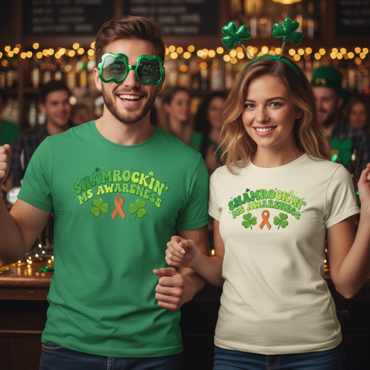 Shamrockin' MS Awareness T-Shirt - Groovy St. Patrick’s Day Multiple Sclerosis Warrior Shirt - Retro Spoonie Orange Ribbon Tee - Lucky Shamrock Awareness Gift
