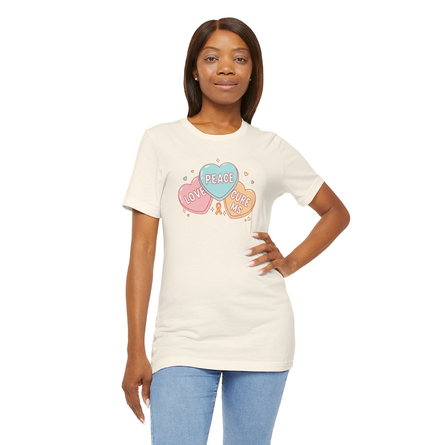 MS Awareness T-Shirt - Peace Love Cure MS Conversation Hearts - Multiple Sclerosis Warrior Gift - Pastel Retro Orange Ribbon Tee