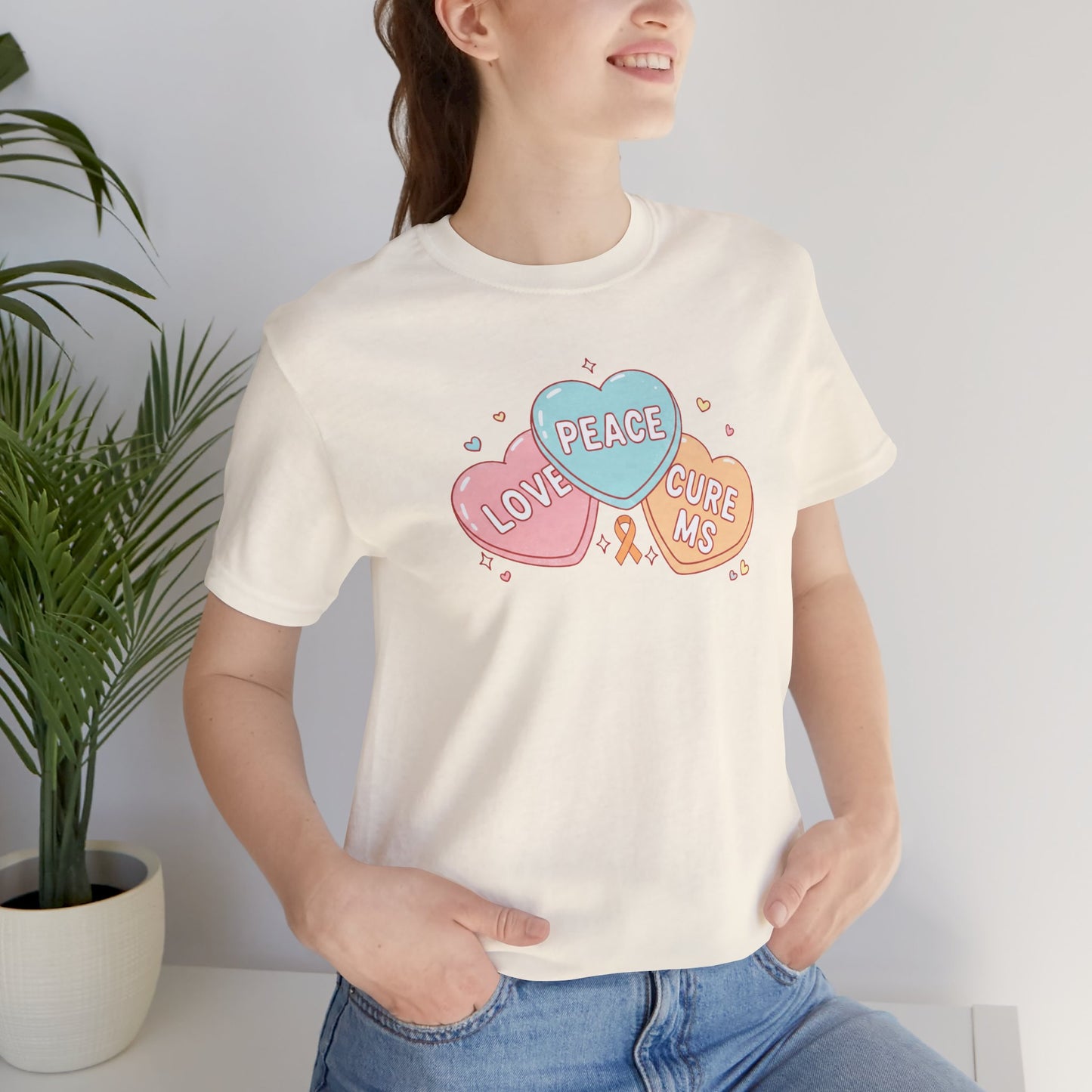MS Awareness T-Shirt - Peace Love Cure MS Conversation Hearts - Multiple Sclerosis Warrior Gift - Pastel Retro Orange Ribbon Tee