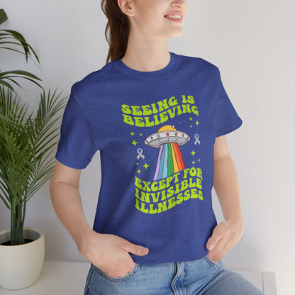 Invisible Illness Awareness Shirt – Retro Rainbow UFO Graphic Tee Charity Shirt, Unisex, Gift for Supporters, Fundraising Apparel