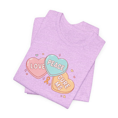 MS Awareness T-Shirt - Peace Love Cure MS Conversation Hearts - Multiple Sclerosis Warrior Gift - Pastel Retro Orange Ribbon Tee