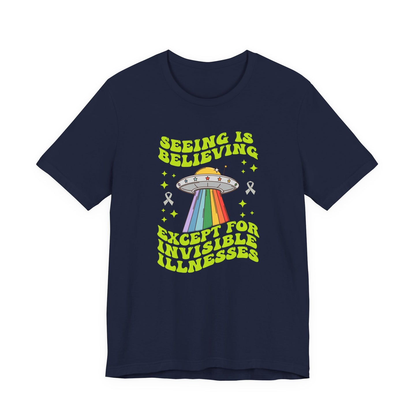 Invisible Illness Awareness Shirt – Retro Rainbow UFO Graphic Tee Charity Shirt, Unisex, Gift for Supporters, Fundraising Apparel