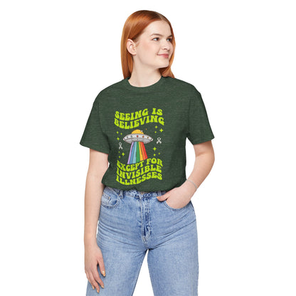 Invisible Illness Awareness Shirt – Retro Rainbow UFO Graphic Tee Charity Shirt, Unisex, Gift for Supporters, Fundraising Apparel