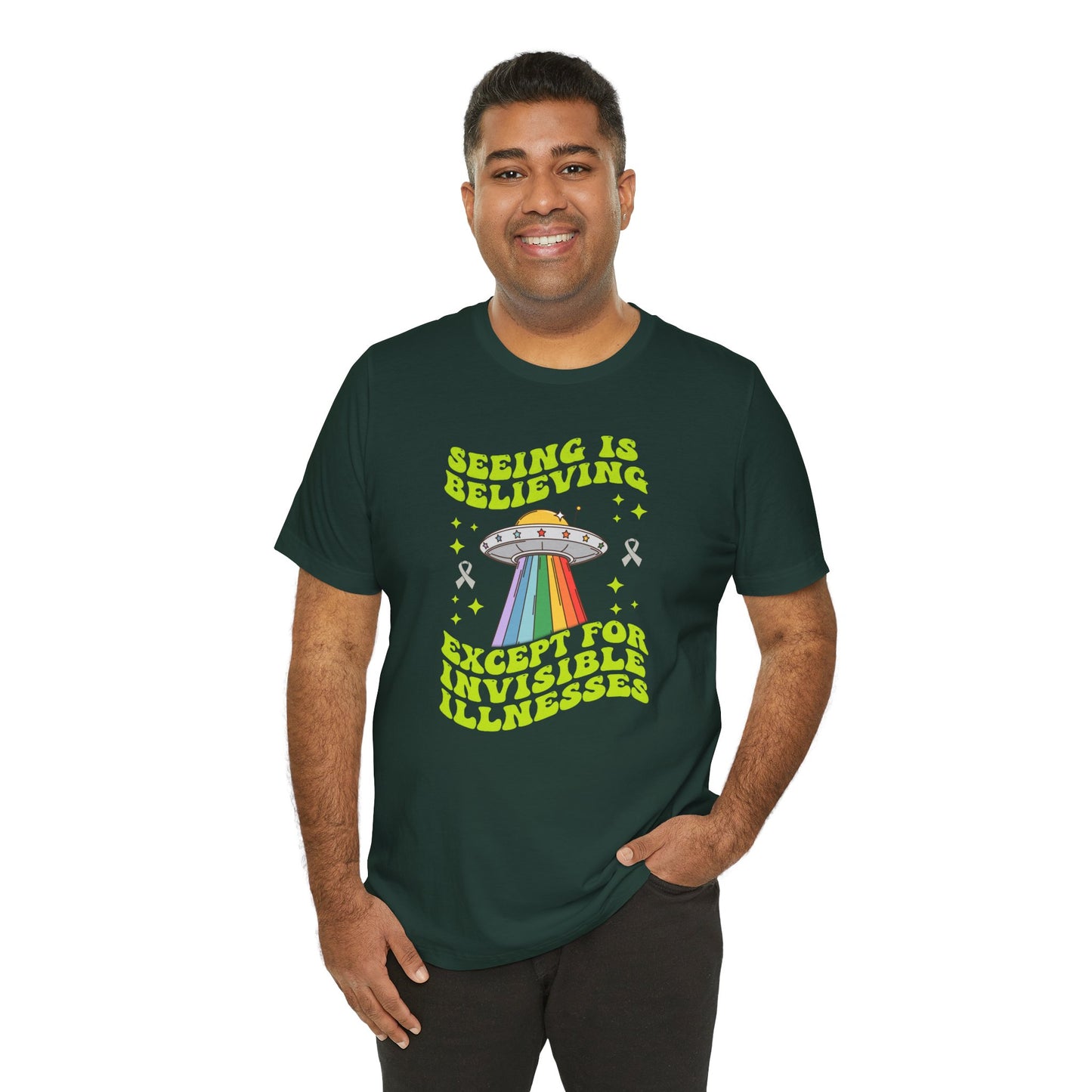 Invisible Illness Awareness Shirt – Retro Rainbow UFO Graphic Tee Charity Shirt, Unisex, Gift for Supporters, Fundraising Apparel