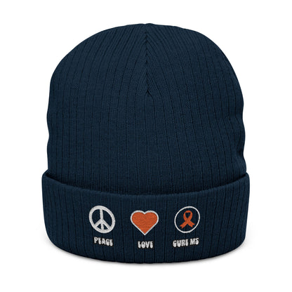 Peace Love Cure MS Embroidered Ribbed Knit Beanie - Love, Peace, Heart Design