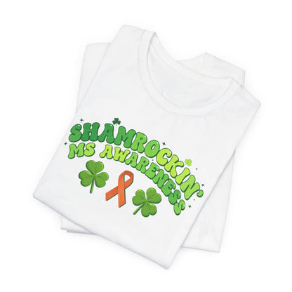 Shamrockin' MS Awareness T-Shirt - Groovy St. Patrick’s Day Multiple Sclerosis Warrior Shirt - Retro Spoonie Orange Ribbon Tee - Lucky Shamrock Awareness Gift