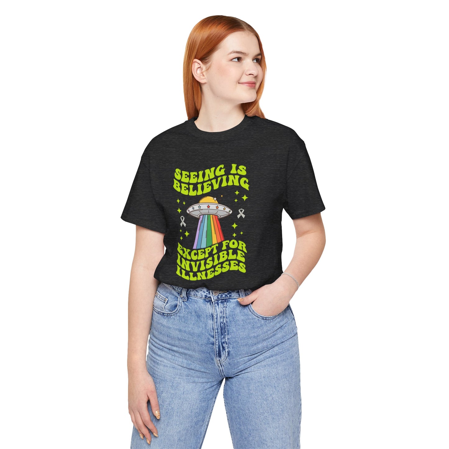 Invisible Illness Awareness Shirt – Retro Rainbow UFO Graphic Tee Charity Shirt, Unisex, Gift for Supporters, Fundraising Apparel