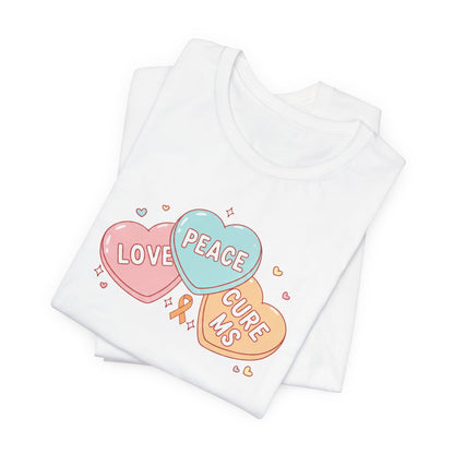 MS Awareness T-Shirt - Peace Love Cure MS Conversation Hearts - Multiple Sclerosis Warrior Gift - Pastel Retro Orange Ribbon Tee