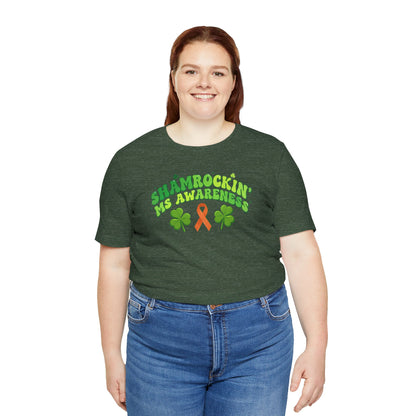 Shamrockin' MS Awareness T-Shirt - Groovy St. Patrick’s Day Multiple Sclerosis Warrior Shirt - Retro Spoonie Orange Ribbon Tee - Lucky Shamrock Awareness Gift