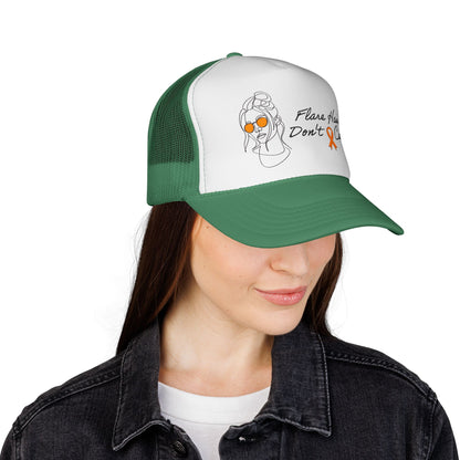 Flare Hair Don't Care Trucker Cap | Funny MS Awareness Hat | Chronic Illness Warrior Cap
